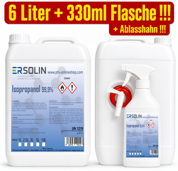 Isopropanol 99,9%  (IPA, Isopropylalkohol, 2-Propanol) 6 Liter + 330ml Flasche+ Ablasshahn